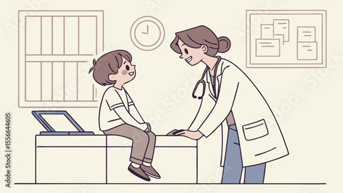 Friendly Pediatrician Consulting Young Boy in Clinic. Child Healthcare and Medical Check-up Illustration.