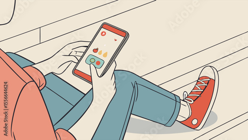 Young person playing mobile game on smartphone, digital entertainment and leisure, minimalist flat vector illustration.