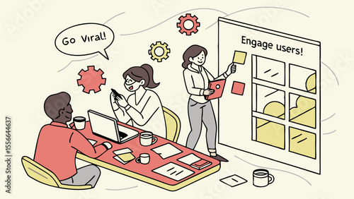 Digital marketing team plans social media content strategy for user engagement and viral growth. Collaborative content creation process.