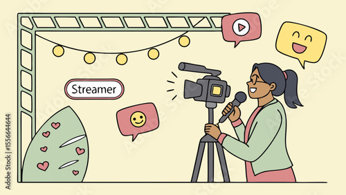 Female Streamer Creating Online Content with Camera and Mic. Live Broadcasting for Social Media Audience.