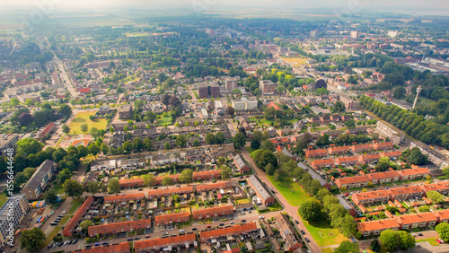 Aerial view of the old town of the city Hoogezand in the Netherlands on a sunny day in summer