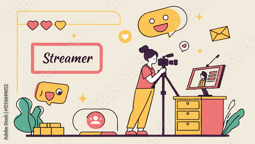 Live Streamer Broadcasting Video Content Online. Female Creator Recording Digital Media for Social Platforms with Camera and Computer.