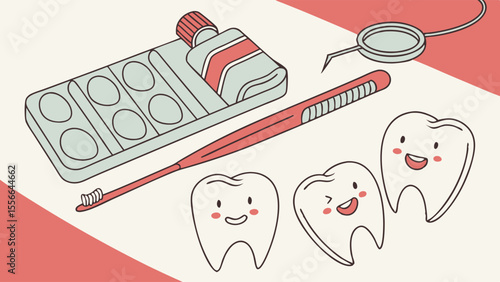 Oral Health Illustration: Toothbrush, Toothpaste, Dental Tools & Happy Teeth