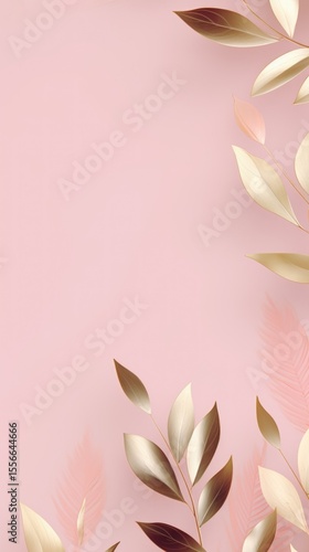 gold brown leaves pink background with copy space
