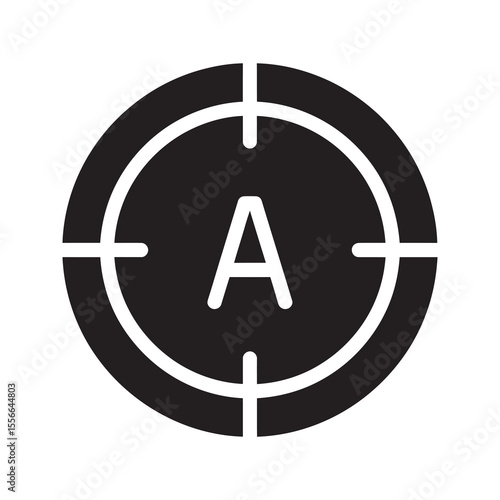 Target audience solid glyph icon with letter A in crosshair for marketing strategy customer segmentation and advertising campaign focus group