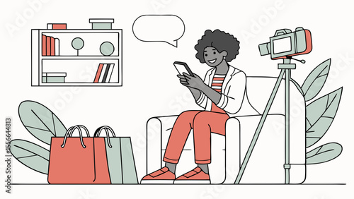 Young woman vlogging and online shopping at home. Female content creator with smartphone, camera, and shopping bags in home studio.