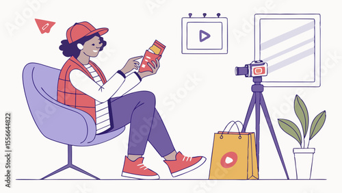 Digital Content Creator Filming Product Review Video. Young woman vlogging about new items for her social media channel or online platform.