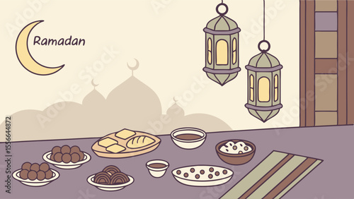 Ramadan Iftar Feast Illustration: Traditional Food, Lanterns & Mosque Silhouettes