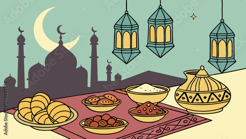 Ramadan Iftar Feast with Mosque Silhouette, Crescent Moon, and Traditional Lanterns Illustration
