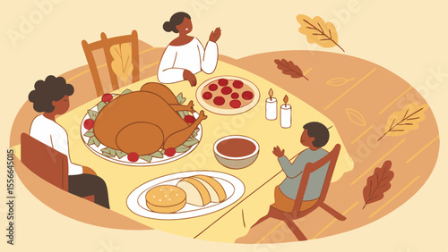 Family gathered around a table for a Thanksgiving meal.