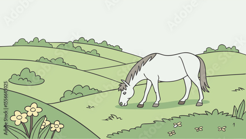 White horse grazing in a serene green meadow with flowers.