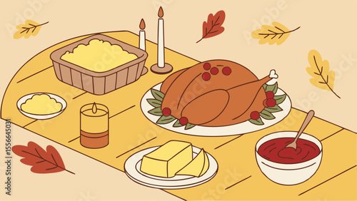Thanksgiving dinner with roasted turkey and autumn leaves.