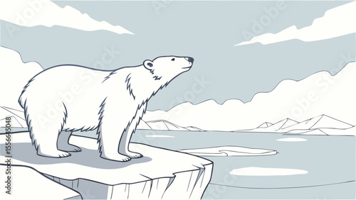 Polar bear standing on ice floe in arctic landscape.