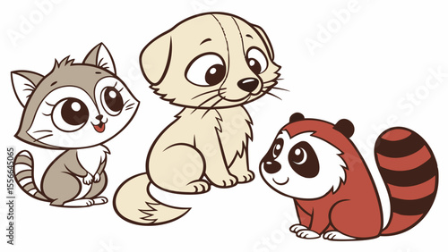 Adorable cartoon animals including a puppy and raccoons.