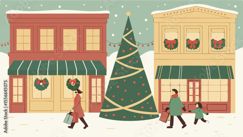 Family walking down a snowy street with Christmas tree and decorated shops.