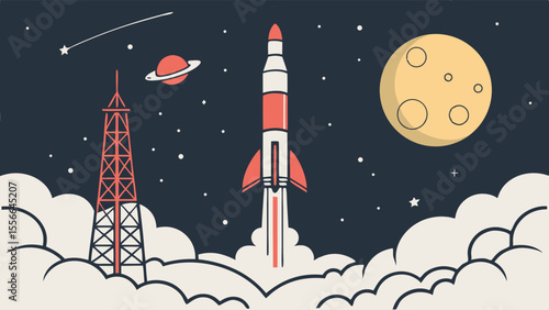 Space Rocket Launching to Moon and Stars with Launch Tower and Planet Illustration