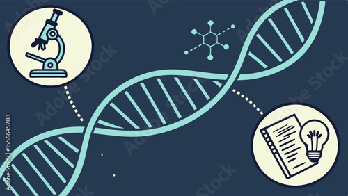 Genetic Research Concept: DNA Helix with Microscope, Molecule, Notebook & Idea Bulb. Scientific Discovery Illustration.