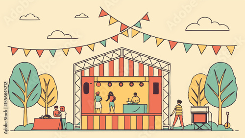 Outdoor Music Festival Stage with Live Performers, DJ, and Festive Bunting. Summer Concert Event Illustration.