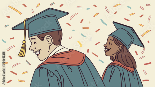 Joyful Graduates in Caps and Gowns Celebrating Academic Achievement with Confetti