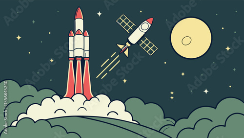 Night Space Launch: Rocket Blasting Off with Satellite & Moon