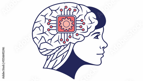 AI Brain Chip Integration. Human head profile with microchip and gear in brain. Artificial intelligence, technology, mind augmentation.