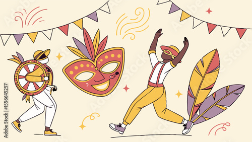 Vibrant Carnival Festival Illustration with Dancers, Drummer, Mask, and Festive Bunting