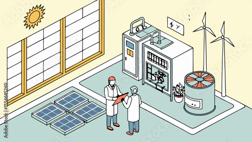 Sustainable Energy Research & Development: Scientists innovate with solar, wind, and storage technology in an isometric lab.