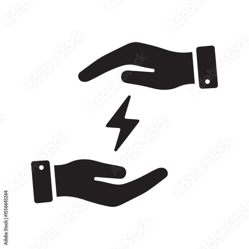 Energy transfer solid glyph icon with hands and lightning bolt for power sharing electricity distribution and electrical charge exchange concept
