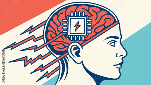 AI Brain Power Concept. Human head profile with microchip and lightning bolts symbolizing digital thinking, innovation, and technology.