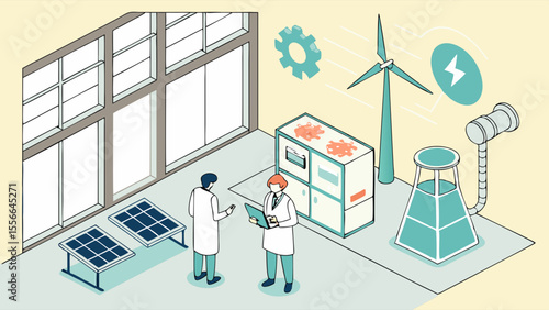 Scientists developing sustainable energy solutions. Isometric illustration of renewable power research with solar, wind, and technology.