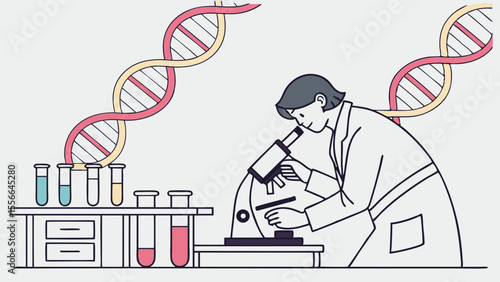 Scientist analyzing DNA with microscope in laboratory. Genetic research, biology, and biotechnology illustration with test tubes.