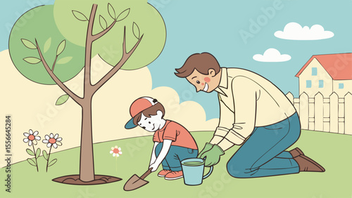 Father and son planting a tree together in a sunny garden, teaching environmental responsibility and nature care.