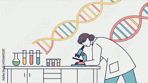 Scientist researching DNA with microscope & test tubes in lab. Genetics, biology & scientific discovery illustration.