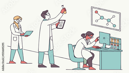 Scientific research team in modern laboratory conducting experiments and data analysis with test tubes and computers