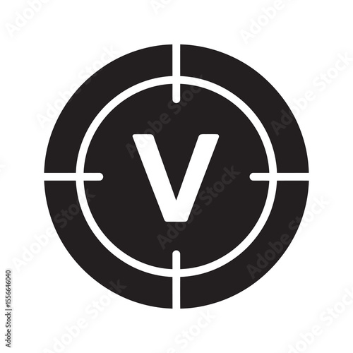 Voltage solid glyph icon with V letter in a target for electrical measurement power level indicator and volt meter symbol vector