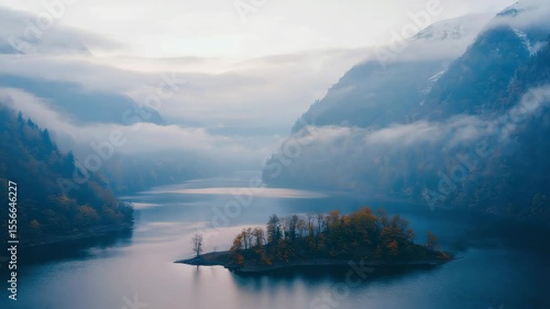 Beautiful misty landscape over calm lake surrounded by mountains during early morning hours