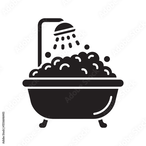 Bubbly bathtub solid glyph icon with running shower for a fun bath time hygiene concept showing clean washing with foam and water spray in bathroom vector