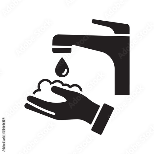 Hand washing with foam solid glyph icon showing personal hygiene and sanitation with tap water and soap for clean hands and germ prevention vector