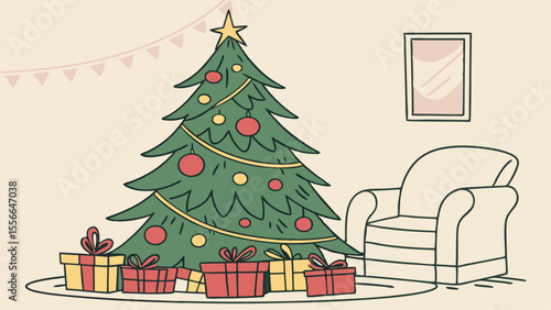 Festive Christmas tree with gifts and cozy armchair in a warm living room. Holiday season illustration.