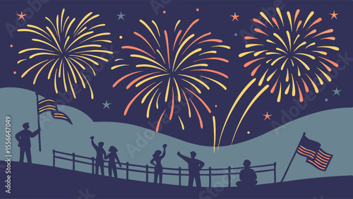 Night celebration with dazzling fireworks display and silhouetted crowd watching, festive event illustration.