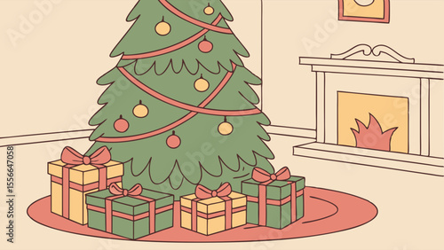 Christmas Tree with Gifts and Fireplace Illustration. Festive Holiday Home Scene.