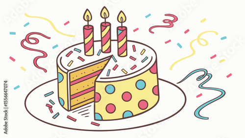 Festive Birthday Cake Illustration with Lit Candles, Colorful Sprinkles, Confetti, and a Slice Cut Out
