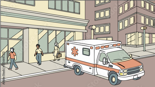 Ambulance parked outside a building on a city street with people walking.