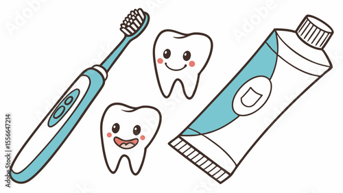 Toothbrush and Toothpaste with Cartoon Teeth Characters.