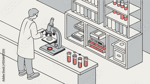 Scientist examining samples under microscope in laboratory setting with equipment and storage.