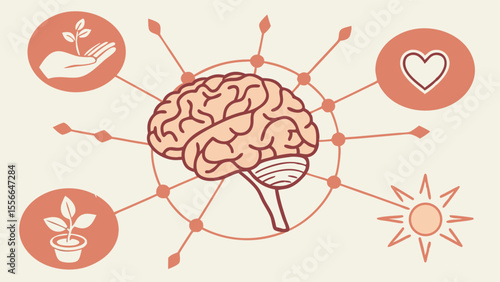 Human Brain Illustration with Nature and Emotions.