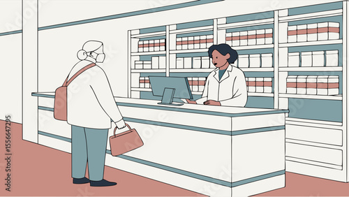 Elderly customer receiving assistance from a pharmacist at a pharmacy counter.
