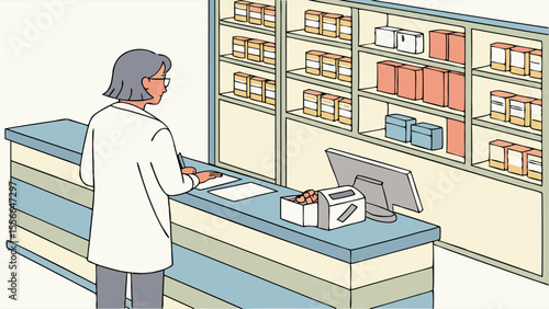 Pharmacist processing prescription at pharmacy counter with medication shelves.