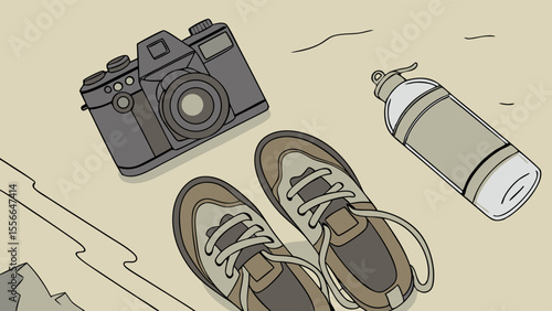 Hiking shoes, camera, and water bottle on a sandy surface.