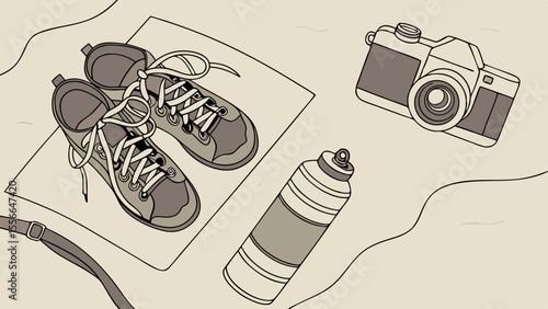 Travel accessories including shoes camera and water bottle.